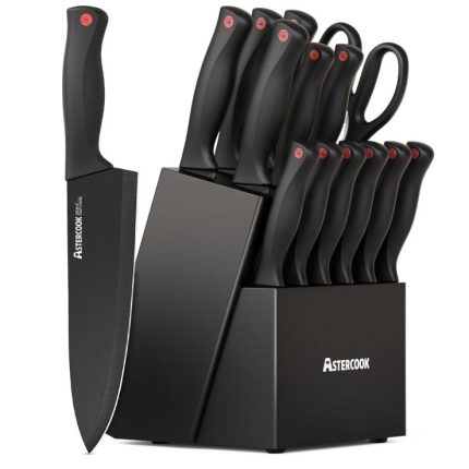 Knife Set, Astercook 15 Pieces Knife Sets for Kitchen with Block, Dishwasher Safe Kitchen Knife Set with Built in Sharpener Block, German Stainless Steel Kitchen Utensils Set
